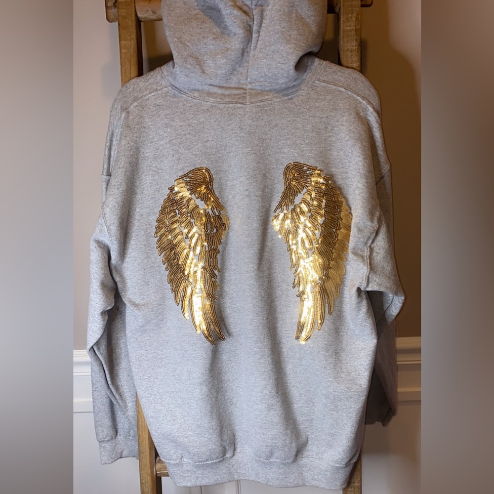 Light Gray Heavy Blend Hoodie with Gold Sequins  wings on the back, Size Large